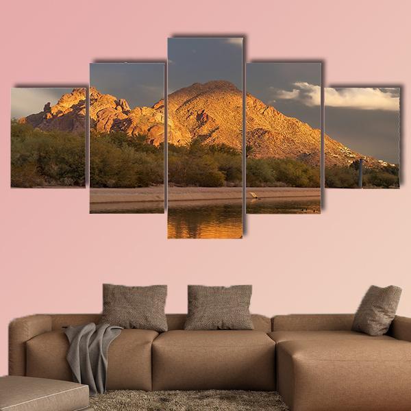 Canal With Mountain Canvas Wall Art-5 Star-Gallery Wrap-62" x 32"-Tiaracle