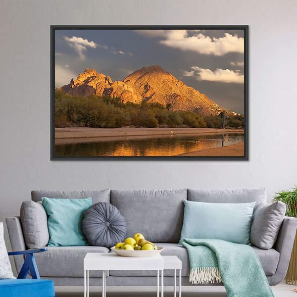 Canal With Mountain Canvas Wall Art-1 Piece-Floating Frame-24" x 16"-Tiaracle