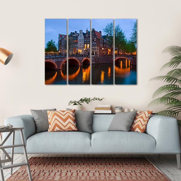 Canals Of Amsterdam Canvas Wall Art-4 Horizontal-Gallery Wrap-34" x 24"-Tiaracle