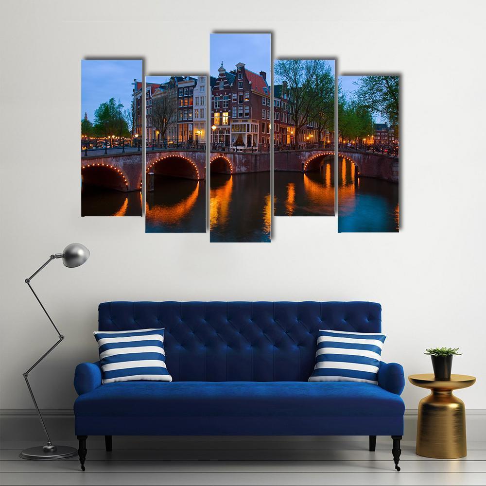 Canals Of Amsterdam Canvas Wall Art-5 Pop-Gallery Wrap-47" x 32"-Tiaracle