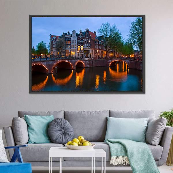 Canals Of Amsterdam Canvas Wall Art-1 Piece-Floating Frame-24" x 16"-Tiaracle