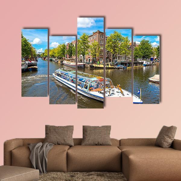 Canal In Amsterdam Canvas Wall Art-5 Pop-Gallery Wrap-47" x 32"-Tiaracle