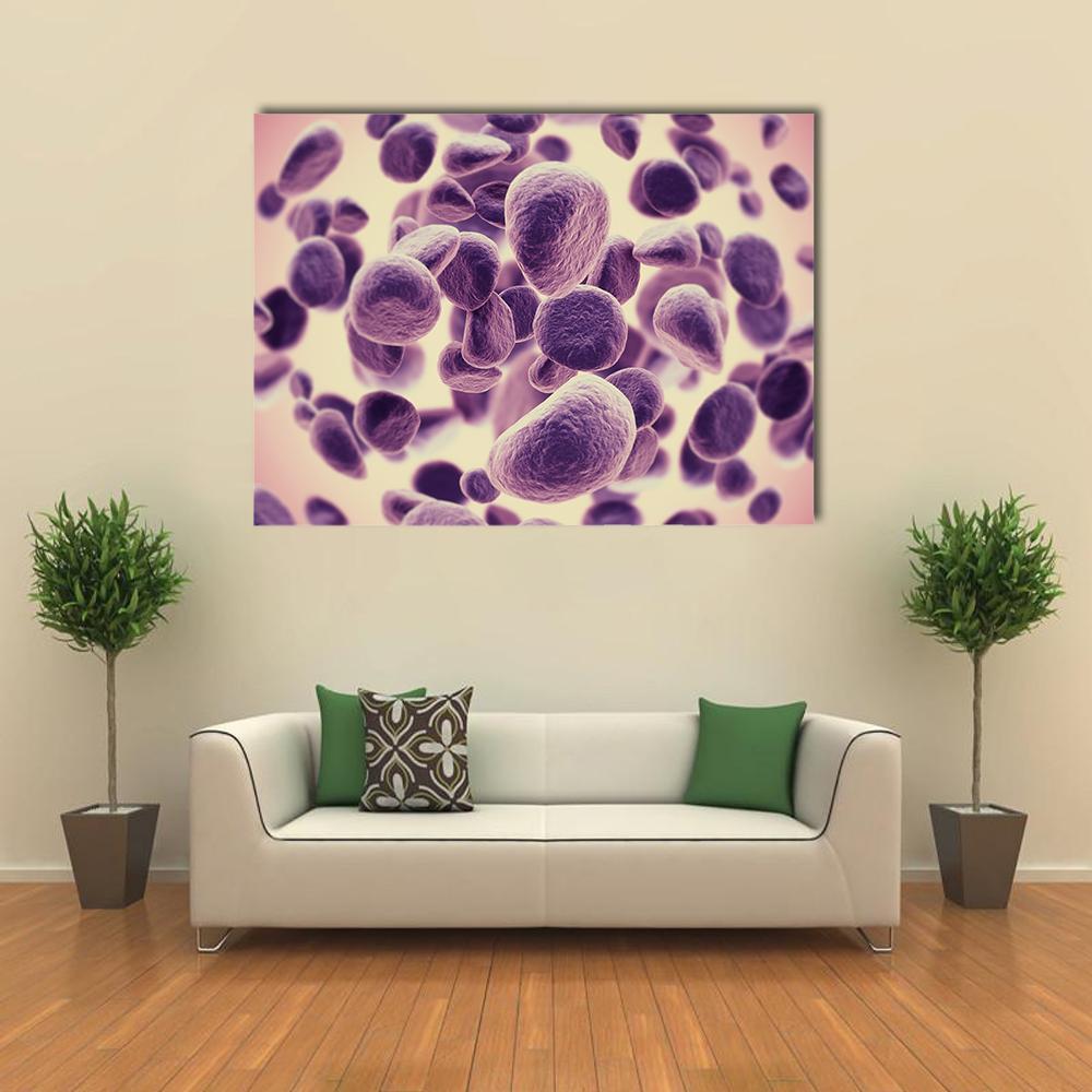 Cancer Cells 3d Close-up Canvas Wall Art in beige, purple and pink, single panel hung on a wall