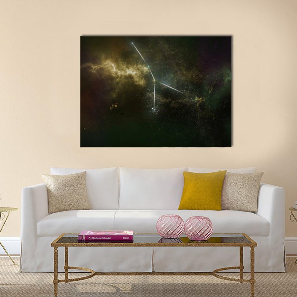 Cancer Constellation with Golden Nebula Canvas Wall Art in black, gold and yellow, single panel hung on a wall