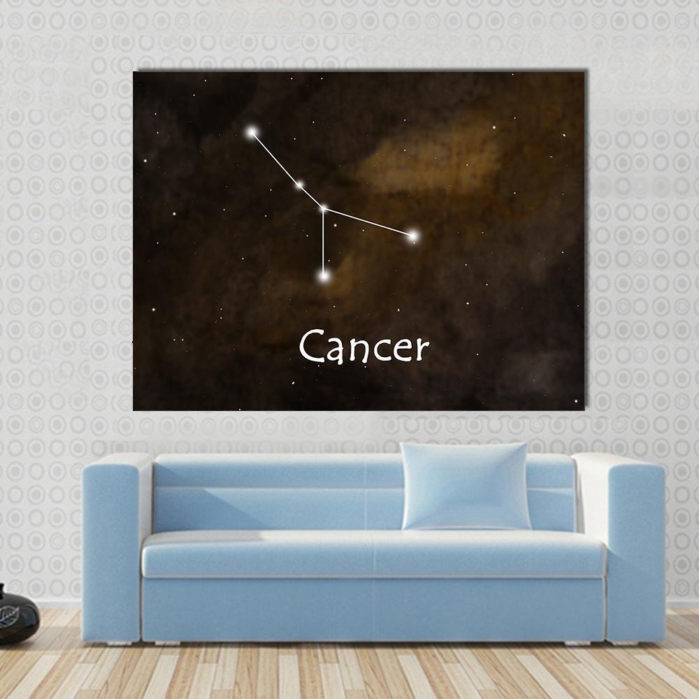 Cancer Zodiac Constellation Canvas Wall Art in black, brown and gold, single panel hung on a wall