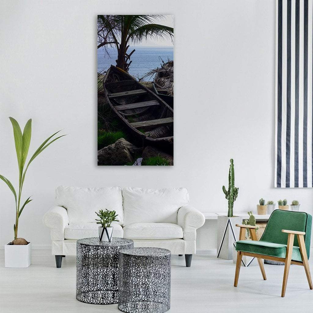 Canoe Near Palm Tree Vertical Canvas Wall Art-1 Vertical-Gallery Wrap-12" x 24"-Tiaracle