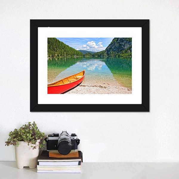 Canoe On Lake Braies Canvas Wall Art-1 Piece-Framed Print-20" x 16"-Tiaracle