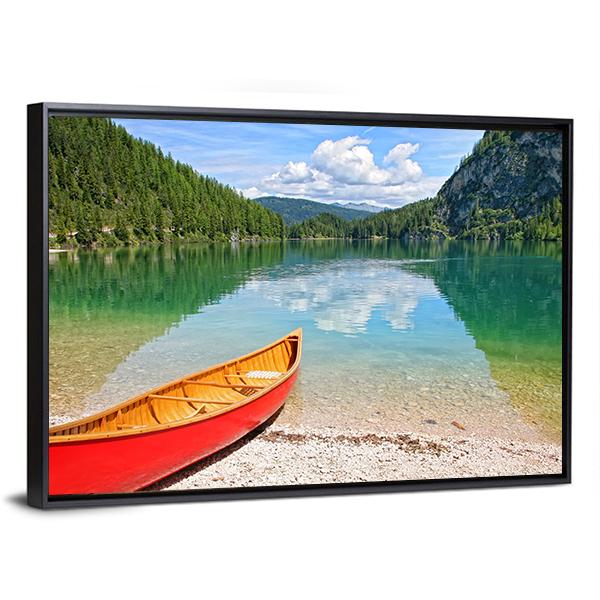 Canoe On Lake Braies Canvas Wall Art-3 Horizontal-Gallery Wrap-25" x 16"-Tiaracle