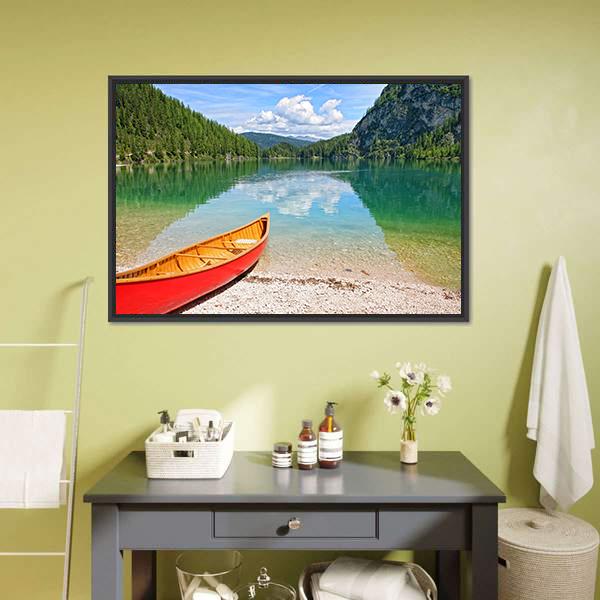 Canoe On Lake Braies Canvas Wall Art-1 Piece-Floating Frame-24" x 16"-Tiaracle