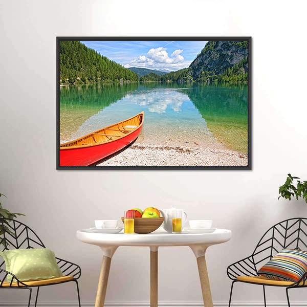 Canoe On Lake Braies Canvas Wall Art-3 Horizontal-Gallery Wrap-25" x 16"-Tiaracle