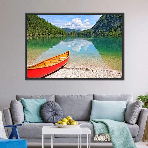 Canoe On Lake Braies Canvas Wall Art-3 Horizontal-Gallery Wrap-25" x 16"-Tiaracle
