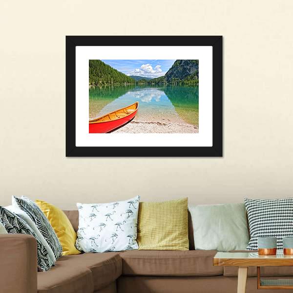Canoe On Lake Braies Canvas Wall Art-3 Horizontal-Gallery Wrap-25" x 16"-Tiaracle