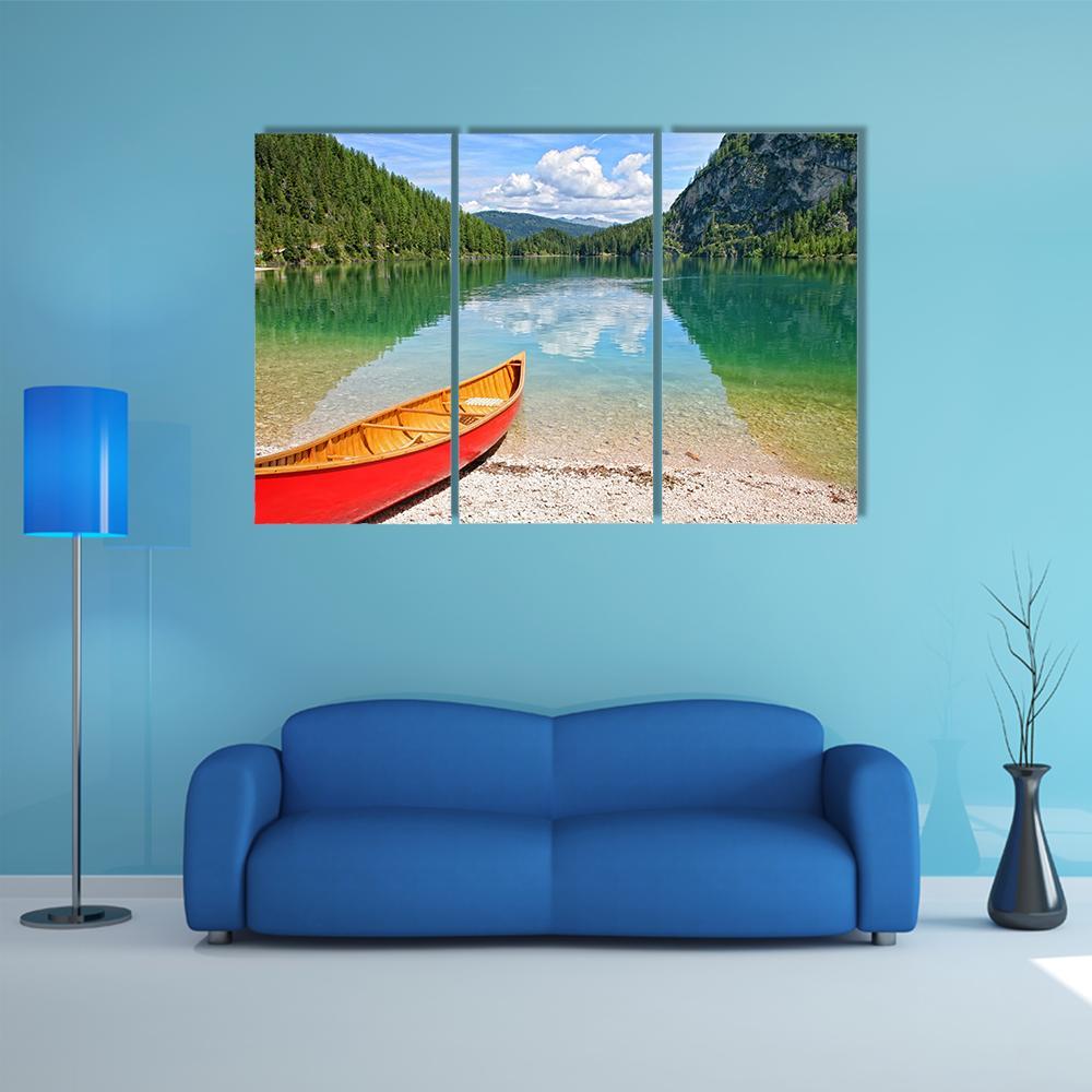 Canoe On Lake Braies Canvas Wall Art-3 Horizontal-Gallery Wrap-37" x 24"-Tiaracle