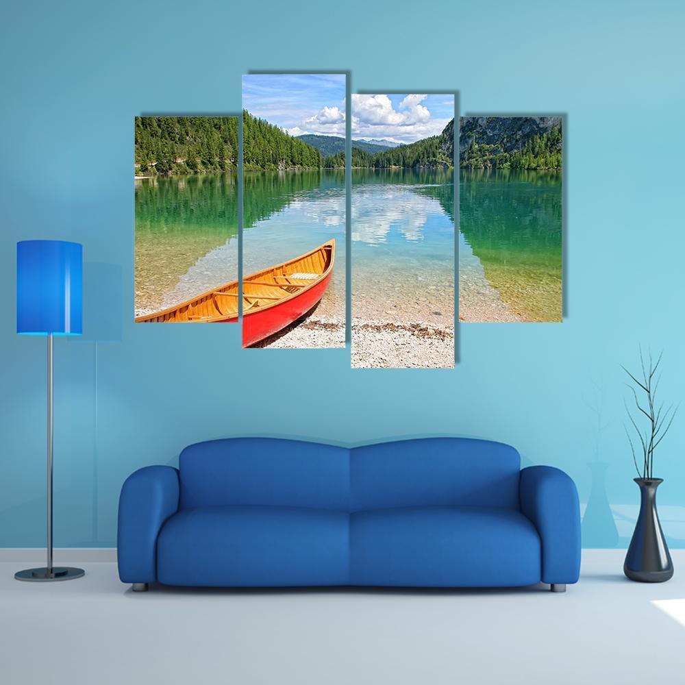 Canoe On Lake Braies Canvas Wall Art-4 Pop-Gallery Wrap-50" x 32"-Tiaracle