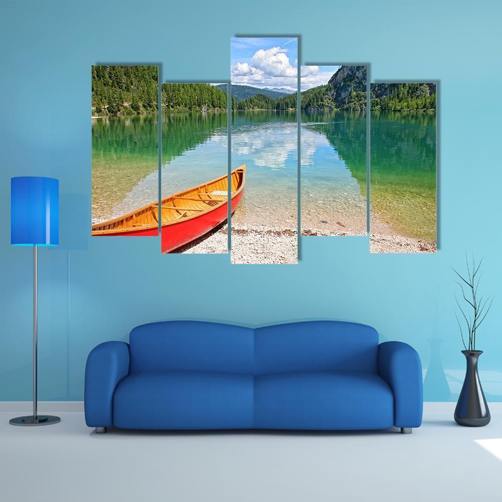 Canoe On Lake Braies Canvas Wall Art-5 Pop-Gallery Wrap-47" x 32"-Tiaracle