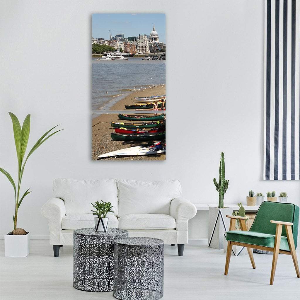 Canoe On River Vertical Canvas Wall Art-3 Vertical-Gallery Wrap-12" x 25"-Tiaracle