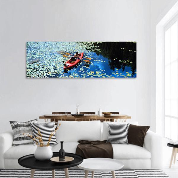 Canoeing In Water Lilies Panoramic Canvas Wall Art-3 Piece-25" x 08"-Tiaracle