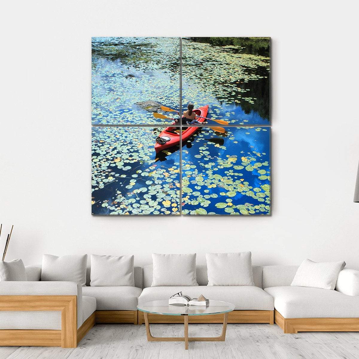 Canoeing In Water Lilies Canvas Wall Art-4 Square-Gallery Wrap-17" x 17"-Tiaracle