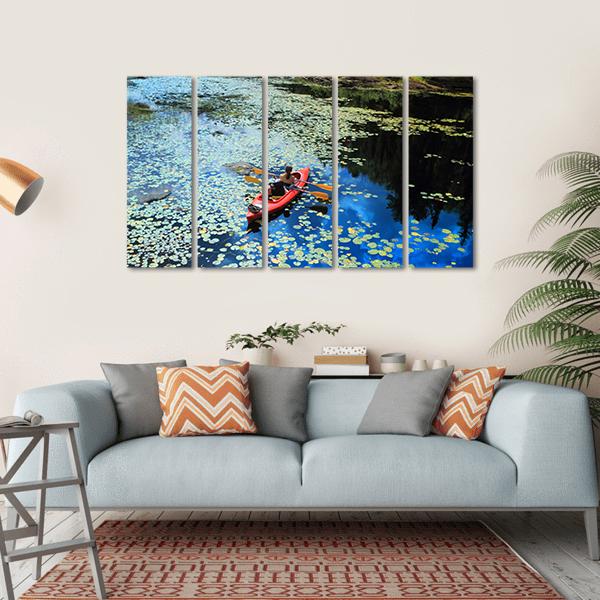 Canoeing In Water Lilies Canvas Wall Art-5 Horizontal-Gallery Wrap-22" x 12"-Tiaracle