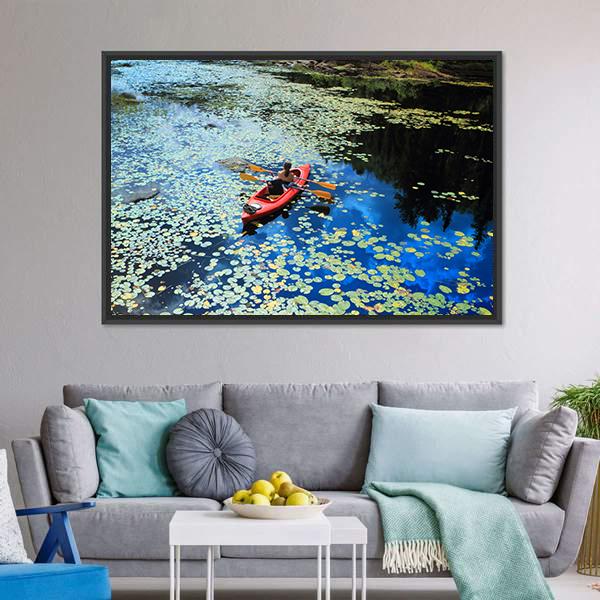 Canoeing In Water Lilies Panoramic Canvas Wall Art-1 Piece-36&quot; x 12&quot;-Tiaracle