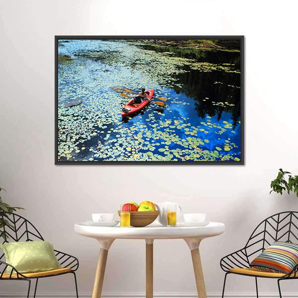 Canoeing In Water Lilies Panoramic Canvas Wall Art-1 Piece-36" x 12"-Tiaracle