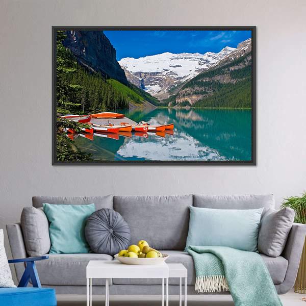 Canoes In Lake Louise Canvas Wall Art-1 Piece-Floating Frame-24" x 16"-Tiaracle
