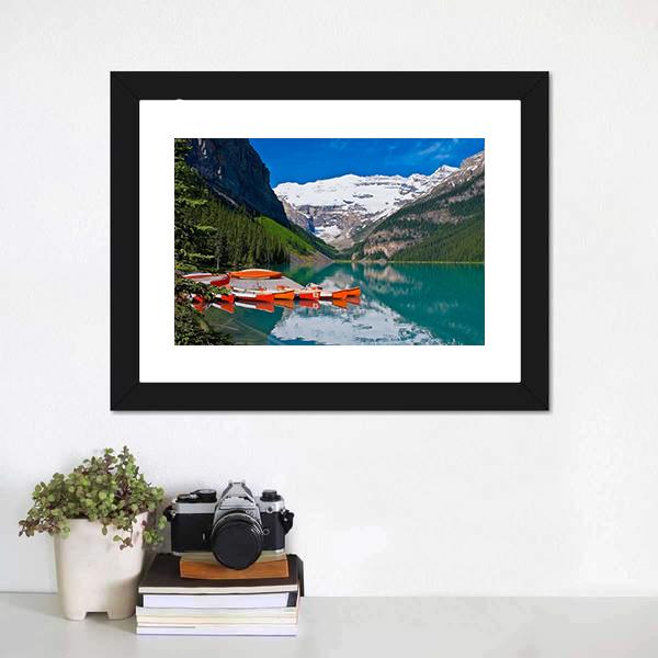 Canoes In Lake Louise Canvas Wall Art-1 Piece-Framed Print-20" x 16"-Tiaracle