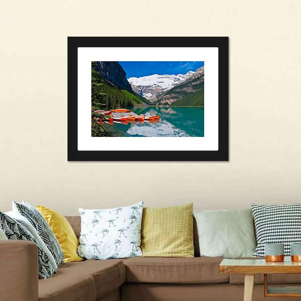 Canoes In Lake Louise Canvas Wall Art-5 Horizontal-Gallery Wrap-22" x 12"-Tiaracle