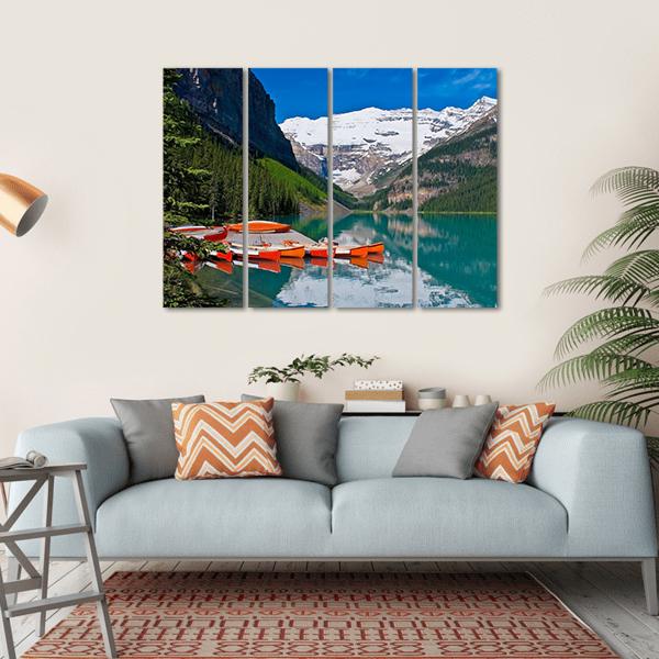 Canoes In Lake Louise Canvas Wall Art-4 Horizontal-Gallery Wrap-34" x 24"-Tiaracle