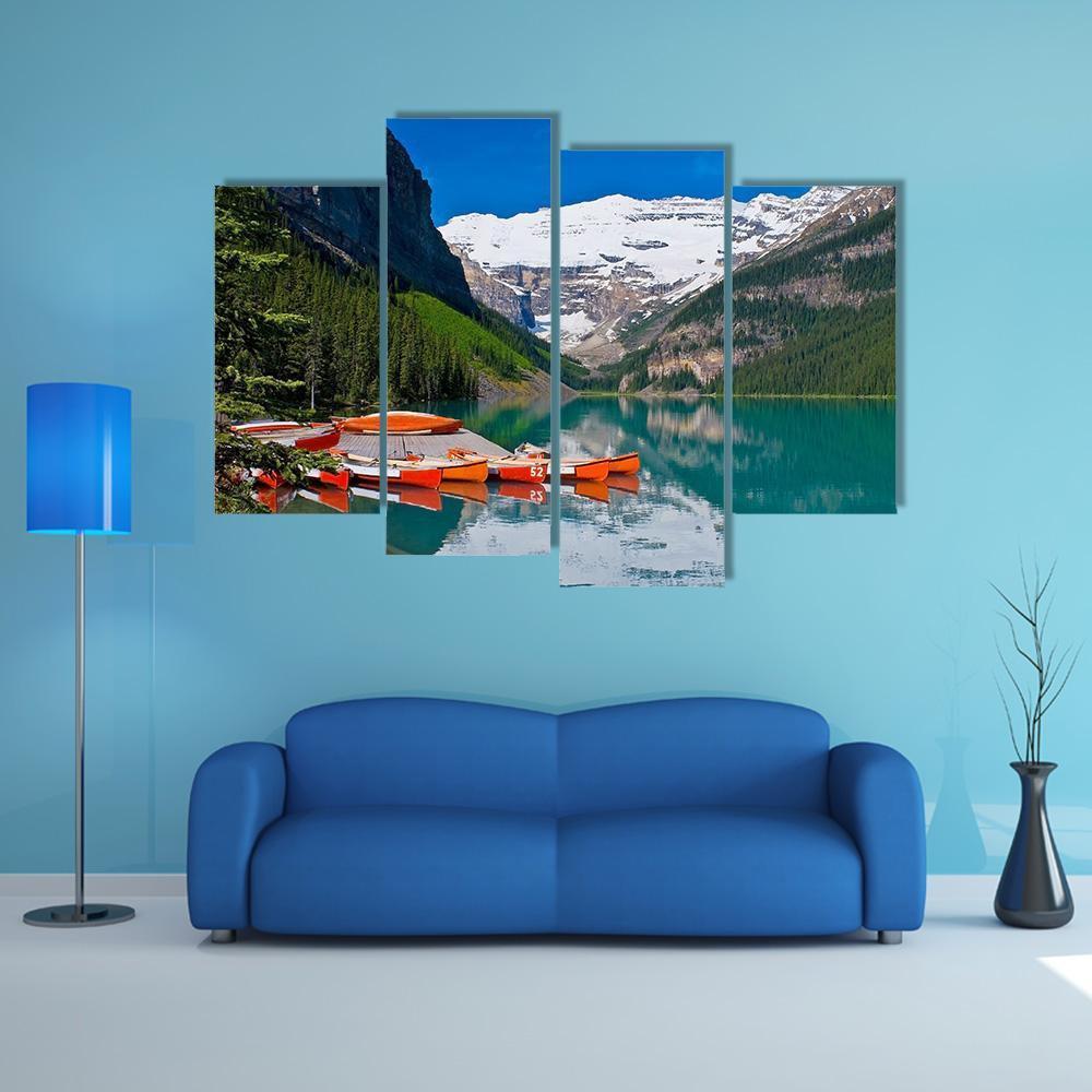 Canoes In Lake Louise Canvas Wall Art-4 Pop-Gallery Wrap-50" x 32"-Tiaracle