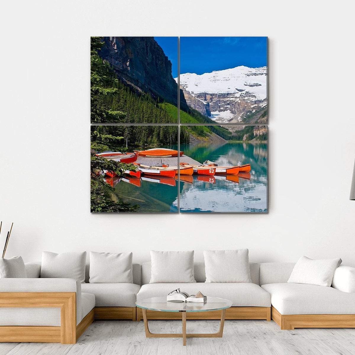 Canoes In Lake Louise Canvas Wall Art-4 Square-Gallery Wrap-17" x 17"-Tiaracle