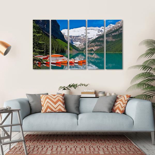 Canoes In Lake Louise Canvas Wall Art-5 Horizontal-Gallery Wrap-22" x 12"-Tiaracle
