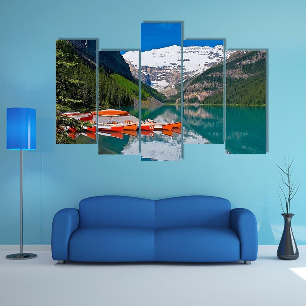 Canoes In Lake Louise Canvas Wall Art-5 Pop-Gallery Wrap-47" x 32"-Tiaracle