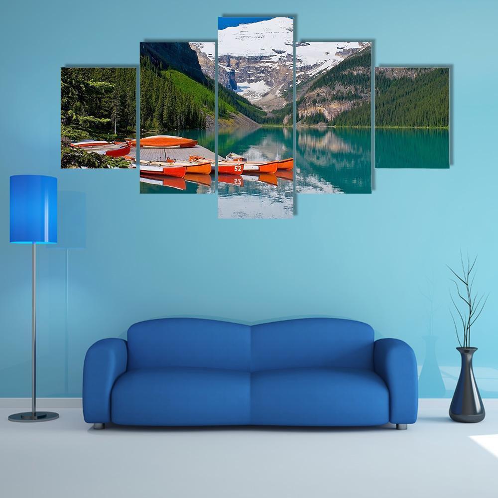 Canoes In Lake Louise Canvas Wall Art-5 Star-Gallery Wrap-62" x 32"-Tiaracle