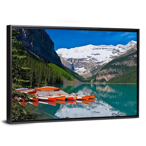 Canoes In Lake Louise Canvas Wall Art-3 Horizontal-Gallery Wrap-25" x 16"-Tiaracle