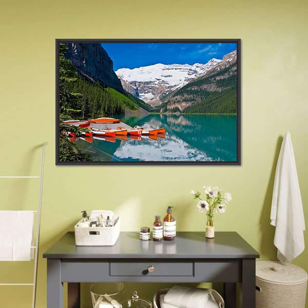 Canoes In Lake Louise Canvas Wall Art-3 Horizontal-Gallery Wrap-25" x 16"-Tiaracle