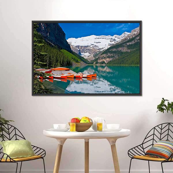Canoes In Lake Louise Canvas Wall Art-3 Horizontal-Gallery Wrap-25" x 16"-Tiaracle