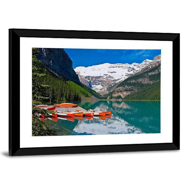Canoes In Lake Louise Canvas Wall Art-3 Horizontal-Gallery Wrap-25" x 16"-Tiaracle