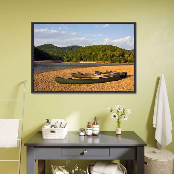 Canoes On The Bank Of The Buffalo River Canvas Wall Art-3 Horizontal-Gallery Wrap-25" x 16"-Tiaracle