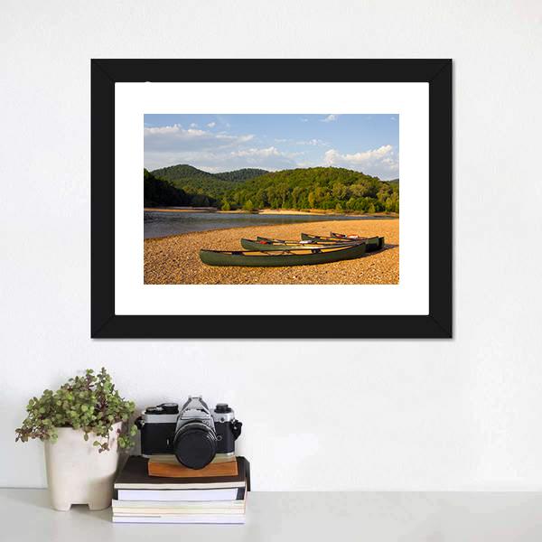 Canoes On The Bank Of The Buffalo River Canvas Wall Art-1 Piece-Framed Print-20" x 16"-Tiaracle