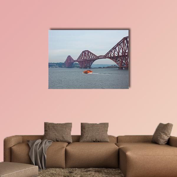 Forth Bridge with Orange Boat Canvas Wall Art in gray, red and blue, single panel hung on a wall