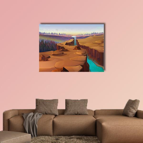 Sunset Canyon Illustration with Vibrant Blue River Canvas Wall Art in brown, orange and blue, single panel hung on a wall