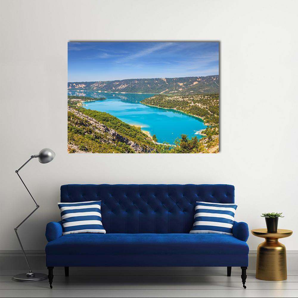 Canyon of Verdon Turquoise Lake View Canvas Wall Art in brown, green and blue, single panel hung on a wall