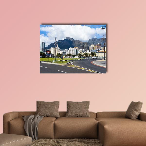 Cape Town Skyline with Mountains Canvas Wall Art in white, gray and blue, single panel hung on a wall