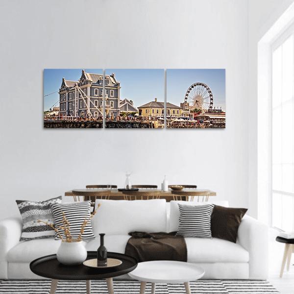 Cape Town Waterfront Harbor View Panoramic Canvas Wall Art in gray, beige and blue, hung on a wall