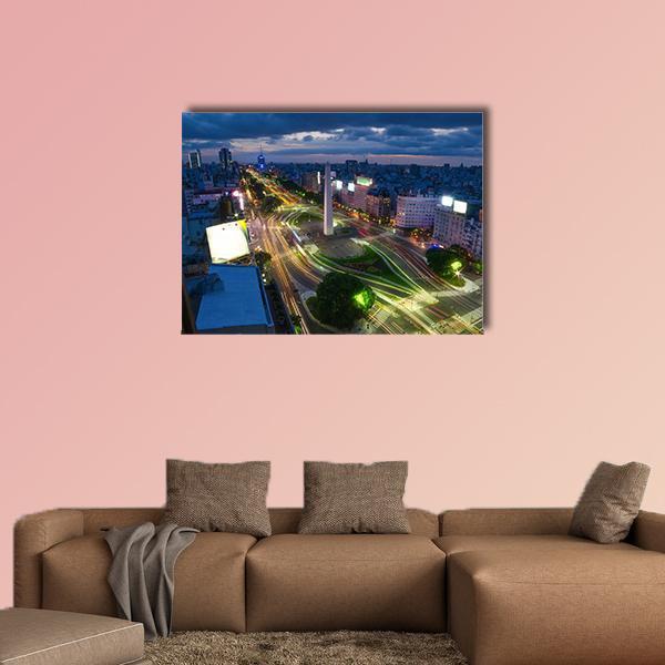 Buenos Aires Night Skyline Canvas Wall Art in black, yellow and blue, single panel hung on a wall