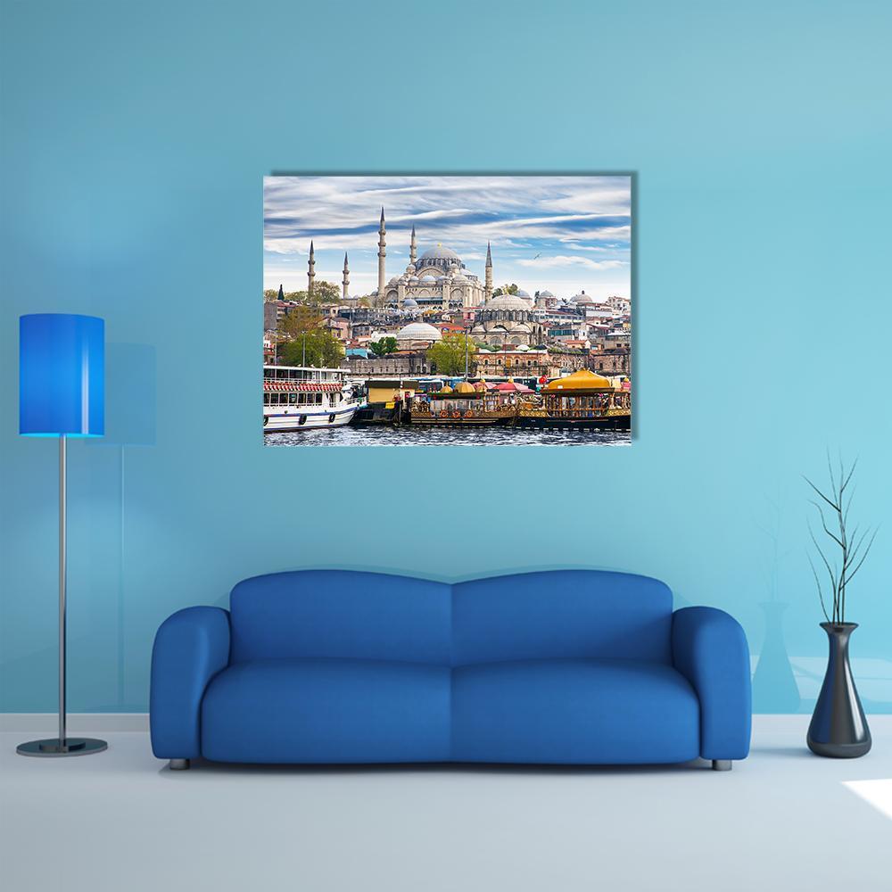 Istanbul Mosque and Ferry Boats Canvas Wall Art in white, gray and blue, single panel hung on a wall