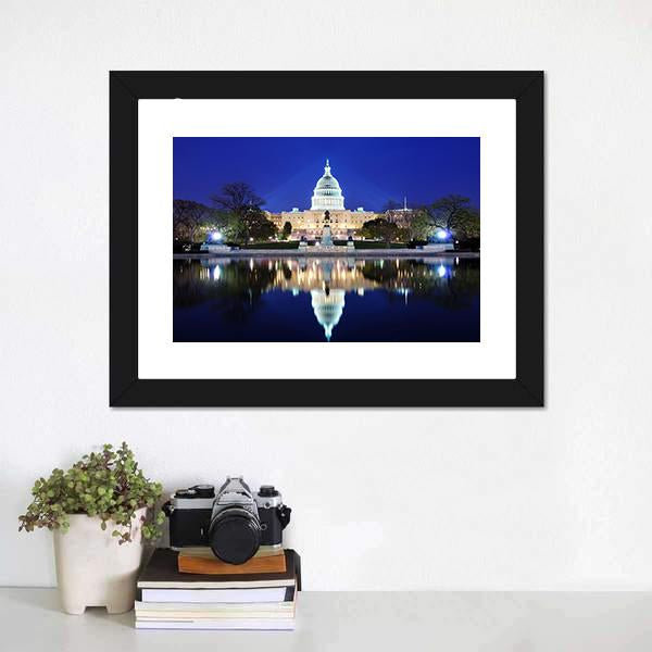 Capitol Building at Dusk Canvas Wall Art in white, yellow and blue, framed print, product view on a white background
