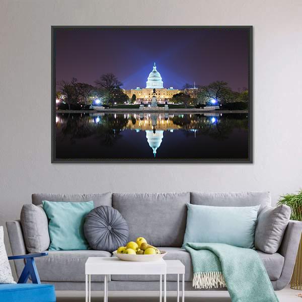 Capitol Building At Night Canvas Wall Art-1 Piece-Floating Frame-24" x 16"-Tiaracle