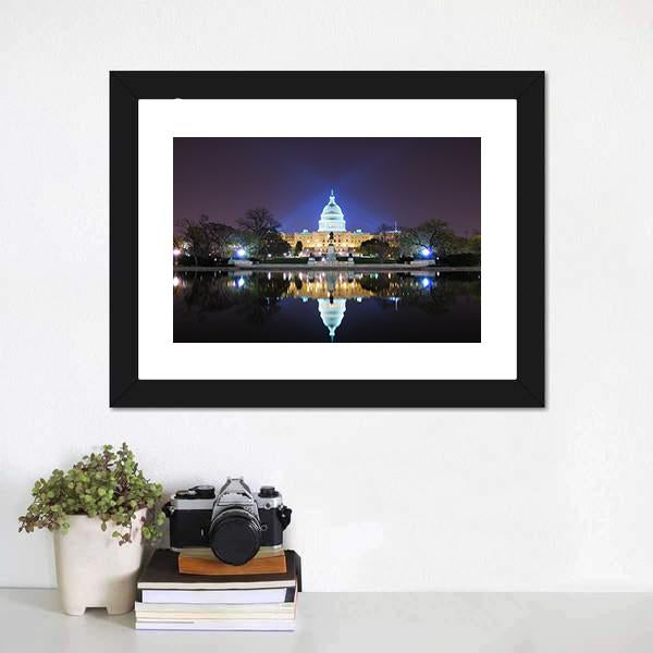 Capitol Building At Night Canvas Wall Art-1 Piece-Framed Print-20" x 16"-Tiaracle